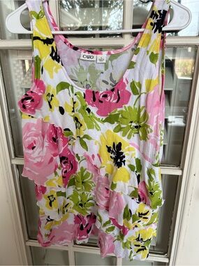 Cato Pink Yellow Green Floral Ruffle Tank